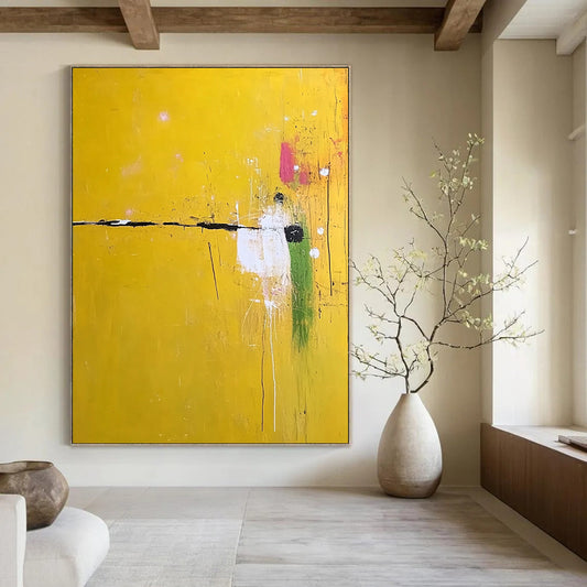 Contemporary large abstract painting featuring vibrant yellow shades with subtle white and green accents adds sophistication to any space. DLZ1296