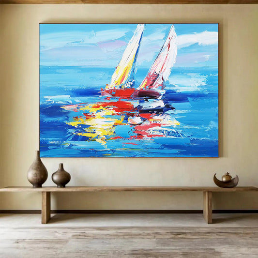Colorful Sailboats on Blue Sea - Vibrant Coastal Living Room Art DLZ266