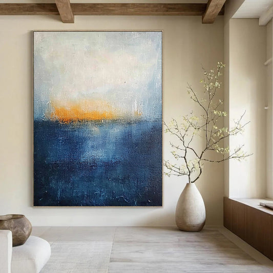 Contemporary abstract painting featuring thick textured layers in dark blue and yellow hues evoking a serene landscape with a tranquil sea and foggy horizon. DLZ0356