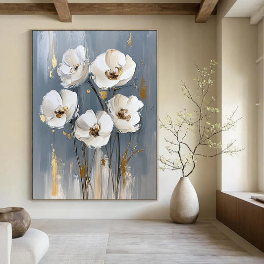 Contemporary abstract painting features white flowers on a gray background with striking gold accents, creating a sophisticated artistic touch for any space. DLZ0823
