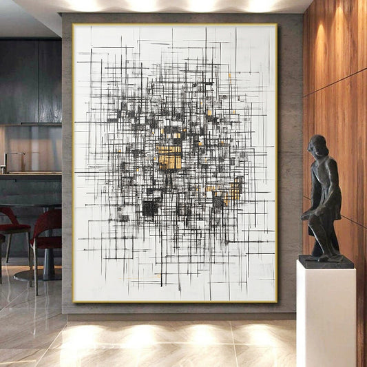 Black, White, Gray, Gold, Triangular Mosaic "Gilded Geometric Puzzle" Abstract Cubist - Inspired Painting On Canvas HB127
