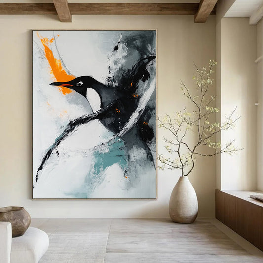 Contemporary hand-painted abstract art featuring a minimalist composition with soft edges showcasing a penguin swimming on a white background accentuated by orange tones. DLZ0551