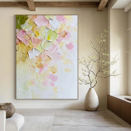 Contemporary hand-painted abstract art features soft pastel petals on textured canvas evoking warmth and serenity in a minimalist springtime style. DLZ1192