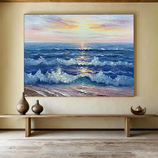 Sunset Sea Wave Oil Painting - Coastal Living Room or Bedroom Art DLZ218