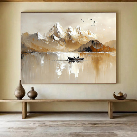 “Mountain Serenity” - Warm beiges, whites, browns; Snow - capped peaks, lake, rowboat, birds; Minimalist Landscape Painting On Canvas HB1147