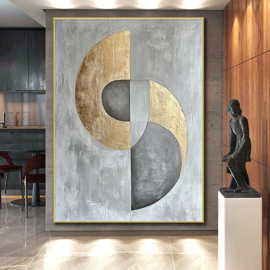 Gray, Silver and Gold Geometric Abstraction "Harmonious Circles" Painting On Canvas HB398