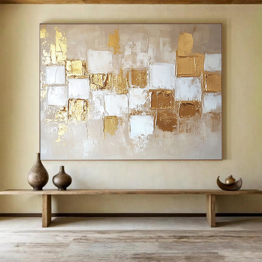 “Gold and Beige Geometric Abstract” - Gold, Beige, Geometric Textured Shapes Painting On Canvas HB0885