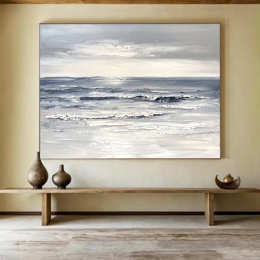 “Gray and White Seascape” - Gray, White, Textured Ocean Painting On Canvas HB1011