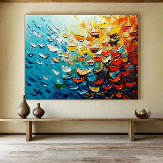 “Textured Ocean Petals” - Blue, yellow, orange, red; Petal - like thick strokes mimic ocean waves; Abstract Impasto Oil Painting On Canvas HB1168