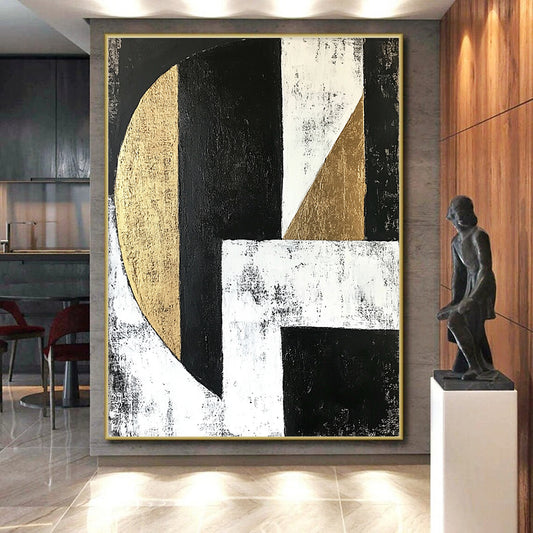 Black, White, Gray and Gold Geometric Abstraction "Subtle Harmony" Painting On Canvas HB378