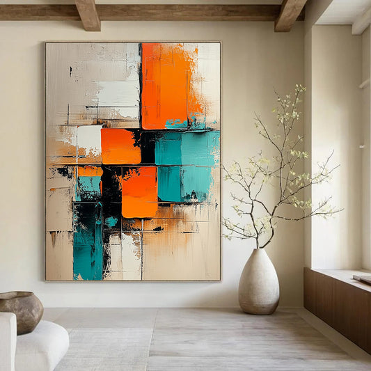 Contemporary abstract painting featuring geometric shapes in turquoise and orange on a beige background with oil paint texture on a vertical canvas. DLZ0722