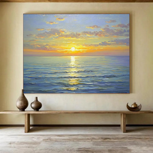 “Sunny Sea Sunset” - Bright Yellows, Oranges, Pinks, Blues, Colorful Ocean Sunset - Oil Painting HB1610