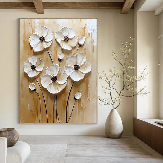 Contemporary hand-painted abstract art featuring textured white flowers on a calming beige background with an elegant neutral color palette. DLZ0262