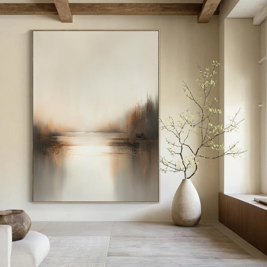 Contemporary abstract painting showcasing soft neutrals and earthy tones, enveloped in hazy light for a serene, dreamlike feel. DLZ0398