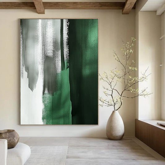Large contemporary abstract painting featuring emerald green and gray brushstrokes with a minimalist Japandi aesthetic in a vertical format. DLZ1624