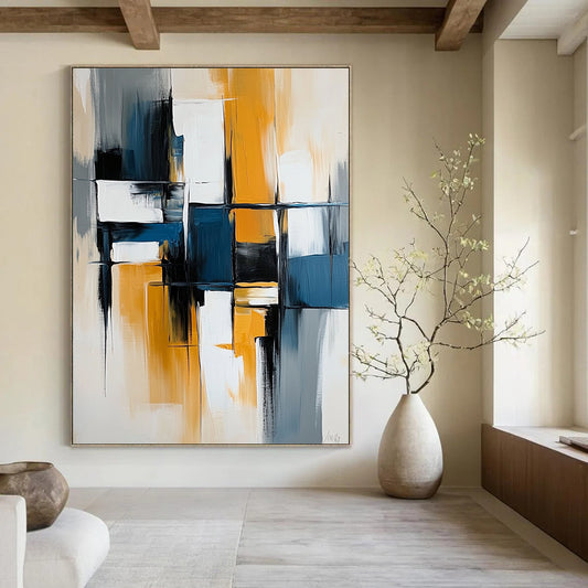 Contemporary hand-painted abstract artwork with bold lines and vibrant blocks of blue, white, gray, and yellow on canvas. DLZ0753