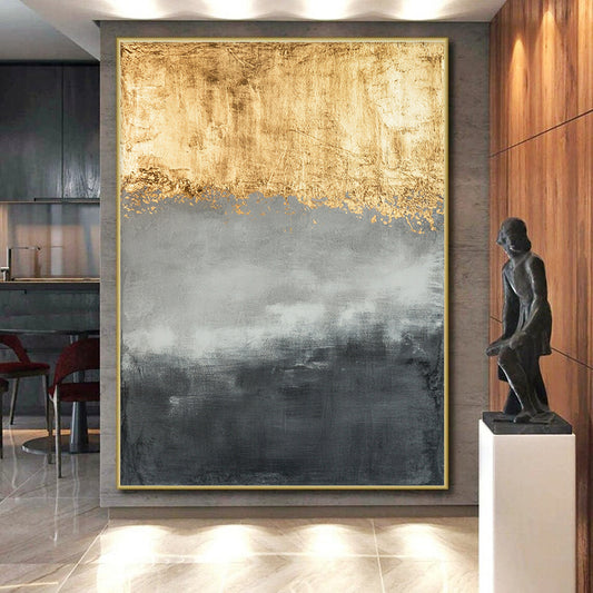 Gold, Gray & White Textured Layers - “Gilded Dawn Mist” Painting On Canvas HB193