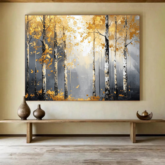 “Golden Birch Forest” - Gold, Gray, Birch Trees, Forest - Abstract Landscape Painting HB1682