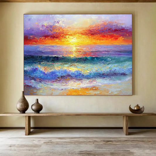 “Blazing Sunset Waves” - Fiery Oranges, Reds, Pinks, Purple, Dynamic Ocean Sunset - Impasto Oil Painting HB1749