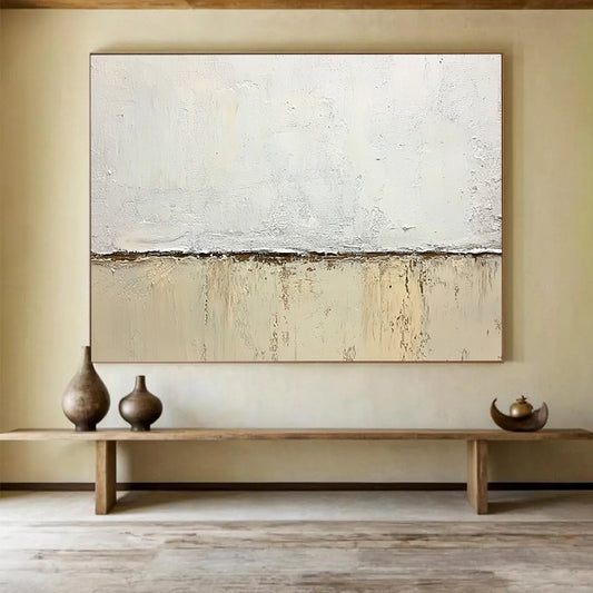 “Minimalist Textured Divide” - White, beige, brown; Textured white and beige divide on a canvas; Soft Acrylic Painting On Canvas HB1200