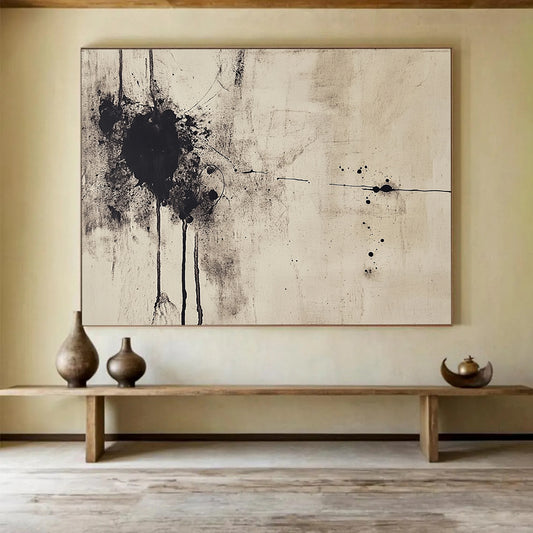 “Ink - Splatter Abstract” - Black, Beige with Spattered Ink - Painting On Canvas HB1387