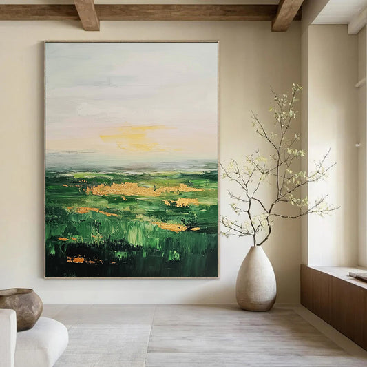 Contemporary abstract art featuring lush green fields and serene sky adorned with neutral tones and elegant gold accents. DLZ0891