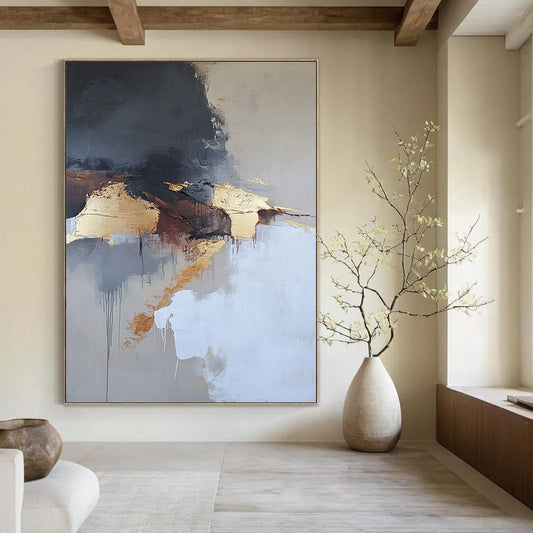 Contemporary abstract painting features aerial views with dark gray and white clouds gold elements in beige tones and thick brush strokes. DLZ0448