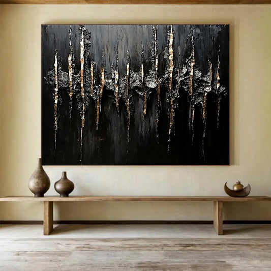 Textured Black & Gold Abstract - Impasto Minimalist Painting On Canvas HB0467