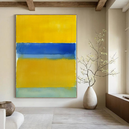 Large contemporary hand-painted abstract art featuring a vibrant yellow field framed by a deep blue border and light green bottom. DLZ1526