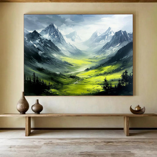 “Mountain Valley Dream” - Green, gray, mountain valley, Landscape Painting On Canvas HB0561