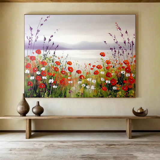 “Poppy Lake Serenity” - Red poppies, purple hills, blue lake, Idyllic Landscape Painting On Canvas HB0582