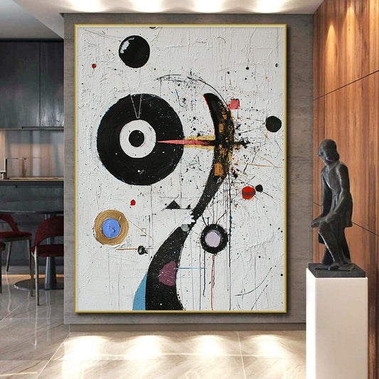 White, Black, Colorful Circles "Cosmic Carnival" Abstract Modernist Painting On Canvas HB087