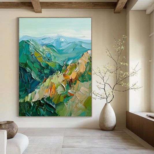 Contemporary abstract artwork featuring vibrant green and blue mountains created with bold impasto brush strokes for a striking visual impact. DLZ0483