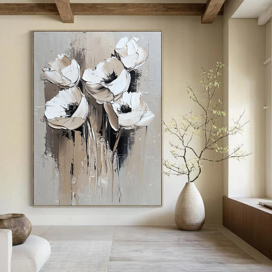 Contemporary abstract painting featuring white flowers with minimal detail in oil strokes on a grey background perfect for modern decor. DLZ0671