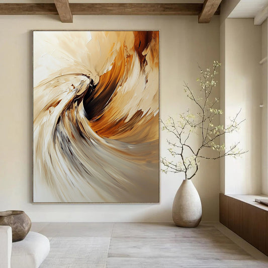Contemporary abstract oil painting featuring an angel with swirling brush strokes in warm beige and brown tones. DLZ0450