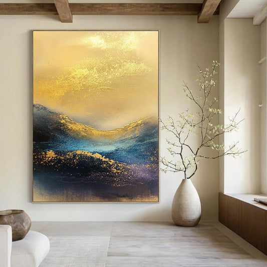 Contemporary abstract painting featuring waves of golden and blue hues, atmospheric textures, ideal for modern decor. DLZ0421