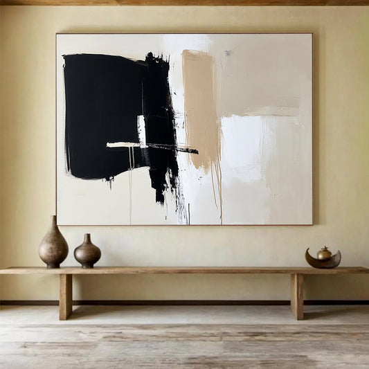 “Black Beige White Minimalist Strokes” - Black, beige, white; Minimalist abstract with bold brushstrokes HB1287
