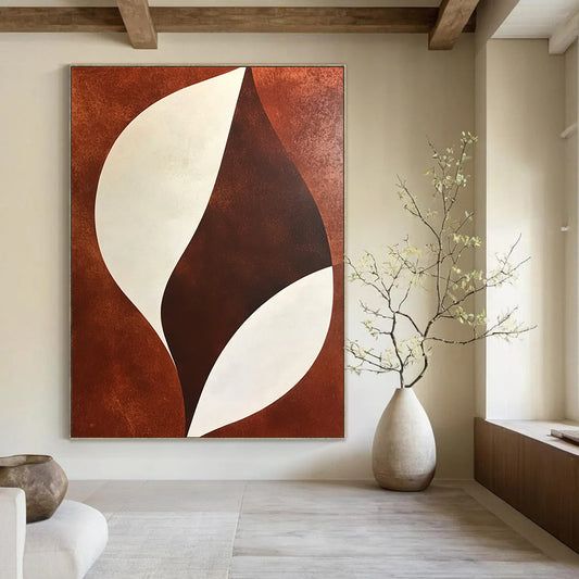 Large contemporary hand-painted abstract artwork featuring brown and white shapes with minimalist soft lines and geometric organic patterns. DLZ0979