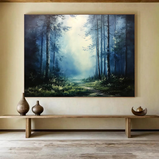 “Mystic Forest Path” - Deep Blues, Greens, Hints of Light, Forest Path in Mist - Atmospheric Oil Painting HB1690