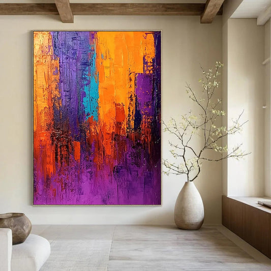 Contemporary abstract painting in vivid purple orange and blue with thick brush strokes dramatic lighting and rich texture create an atmospheric cityscape. DLZ0371