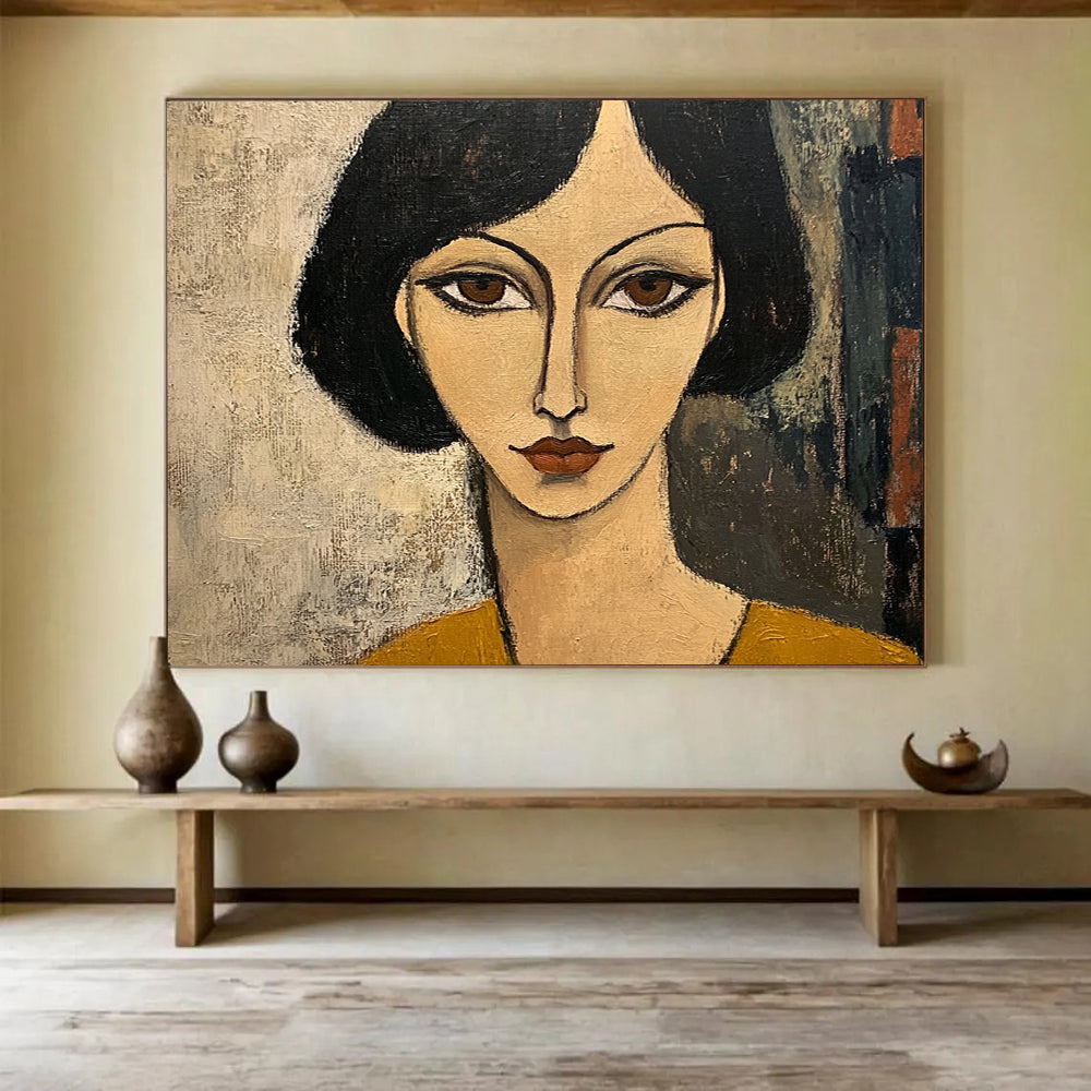 “Stylized Woman’s Portrait” - Black, Beige, Brown, Minimalist Female Face - Cubist - Inspired Acrylic Painting HB1699