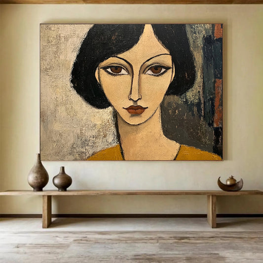 “Stylized Woman’s Portrait” - Black, Beige, Brown, Minimalist Female Face - Cubist - Inspired Acrylic Painting HB1699