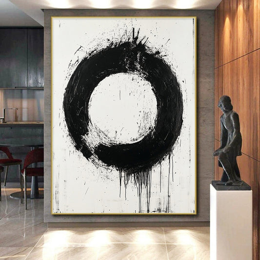 Black, White, Bold Circular Stroke "Zen Enso" Abstract Minimalist Painting On Canvas HB044