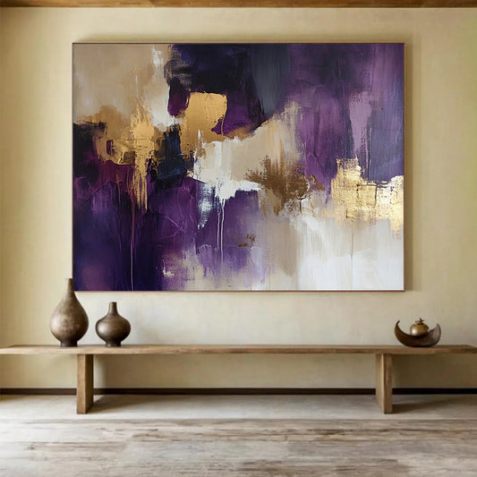 “Purple Gold Abstract” - Purple, Gold, Beige, White, Flowing Forms - Painting On Canvas HB1420