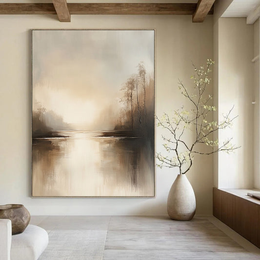Abstract landscape artwork featuring neutral beige and gray tones tranquil water reflections and a serene muted sky evoking an ethereal calmness. DLZ0414