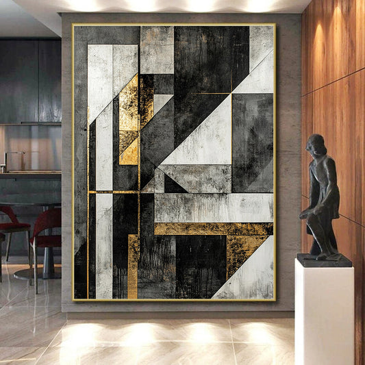 Black, White, Gray, Gold, Modular Geometry "Gilded Block Party" Abstract Constructivist - Inspired Painting On Canvas HB129