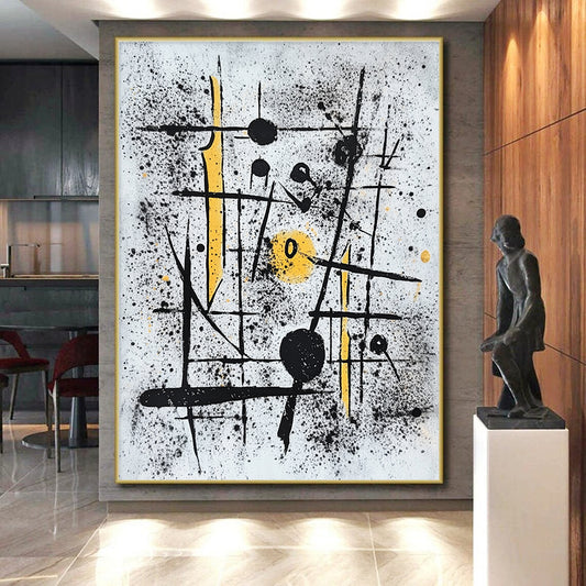 Black, White & Yellow Spattered Lines - “Chaotic Energetic Scribbles” Painting On Canvas HB205