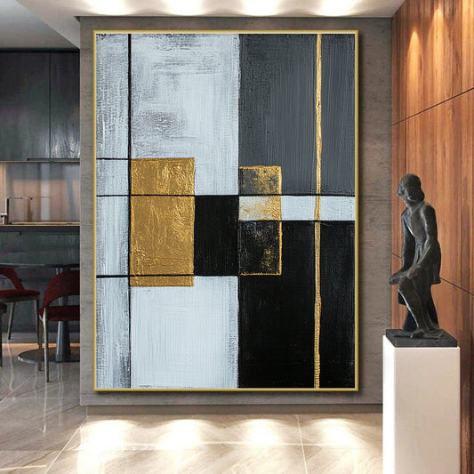 Gray, White, Gold, Black, Geometric Squares "Gilded Intersection" Abstract Modernist Painting On Canvas HB149