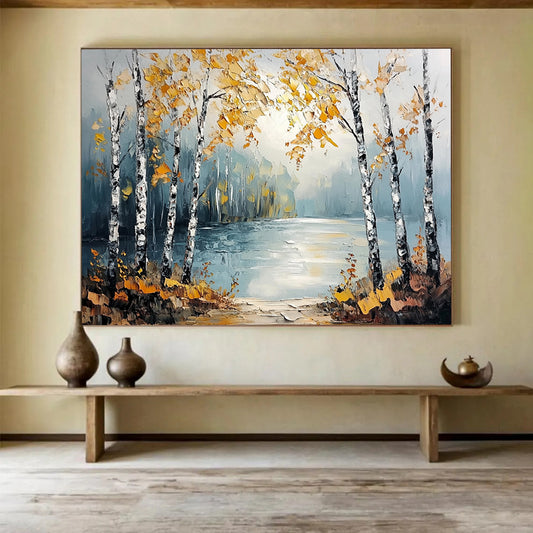 “Autumn Birch Lake” - Yellows, Blues, Whites, Birch Trees by a Lake in Autumn - Textured Oil Painting HB1707