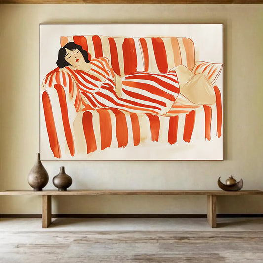 “Woman Resting on Striped Sofa” - Red, White, Figurative, Lifestyle Painting On Canvas HB0778